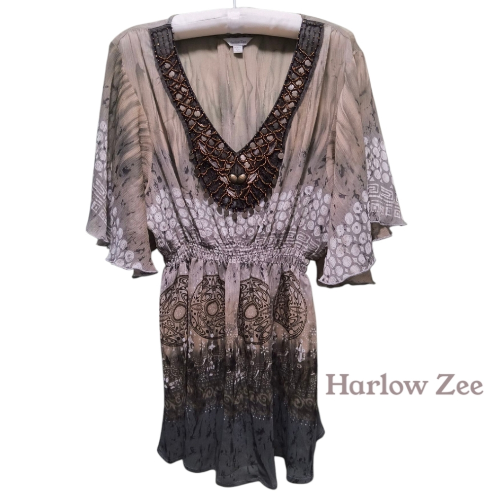 Harlow Zee Boho Tunic Blouse with Beaded Neckline